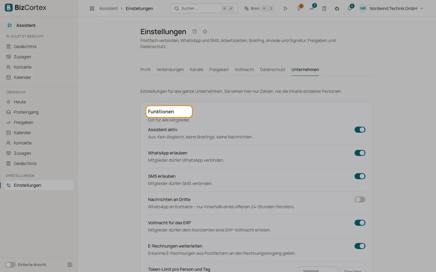 Einstellungen: Unternehmen