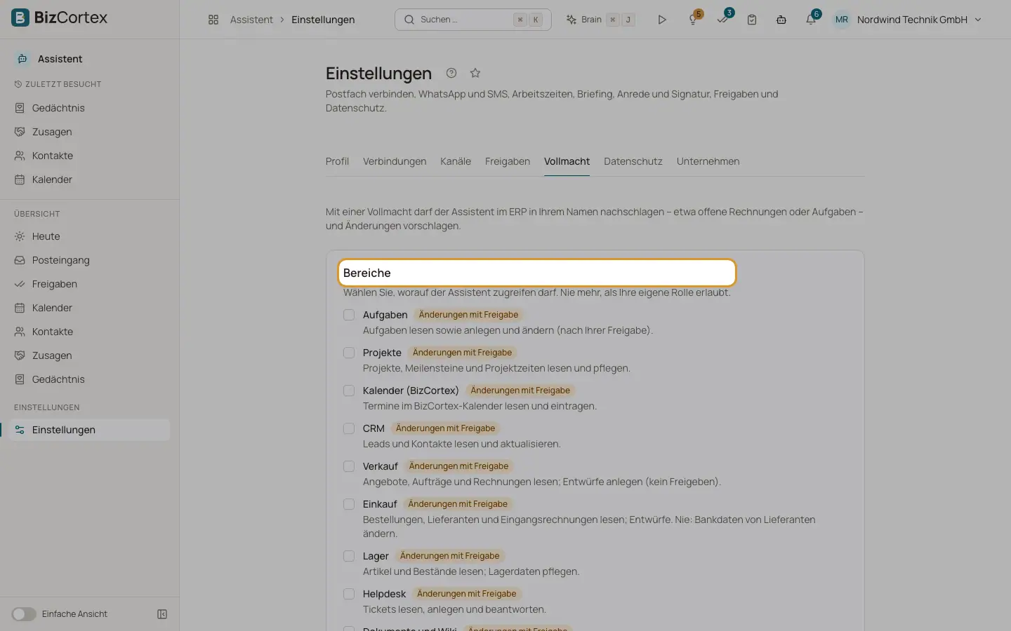 Einstellungen: Vollmacht