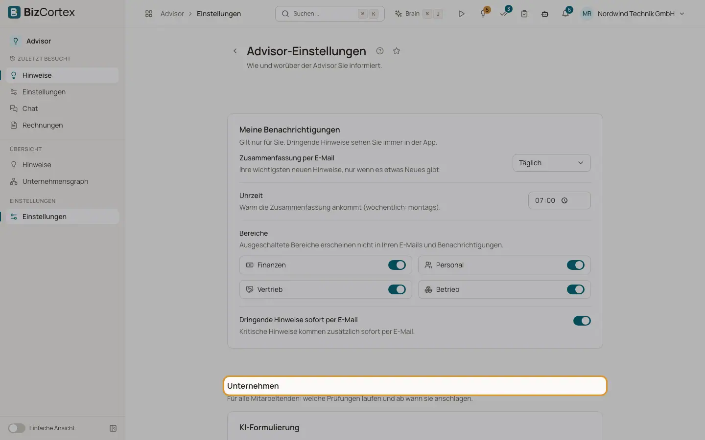 Firmeneinstellungen: Prüfungen, Schwellenwerte und KI Formulierung