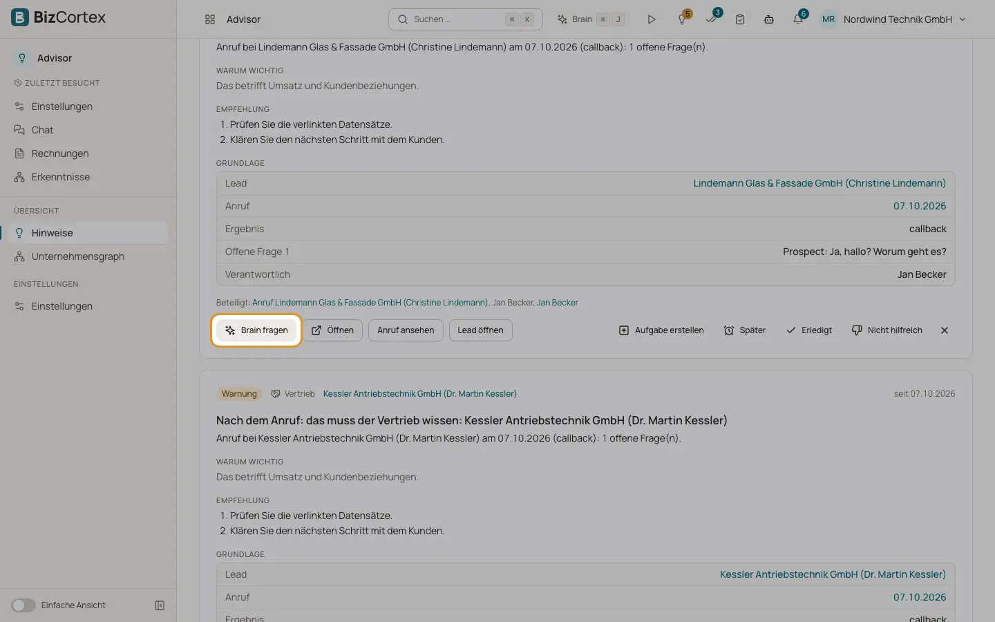 Hinweiskarten und ihre Aktionen