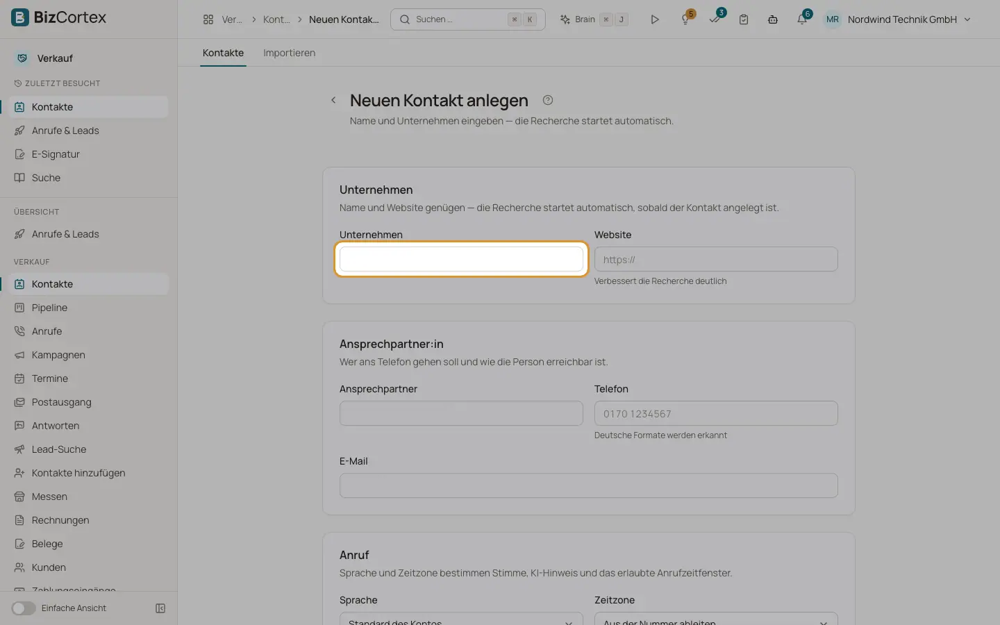 Einen Kontakt von Hand anlegen