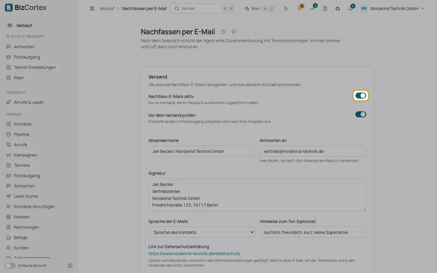 Einstellungen für das Nachfassen per EMail