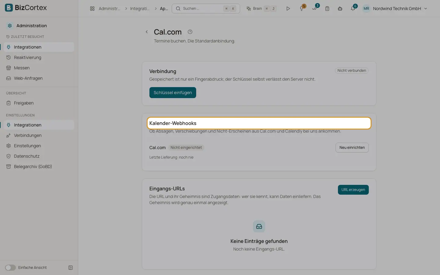 Eingangs URLs, Kalender Webhooks und Lieferungen