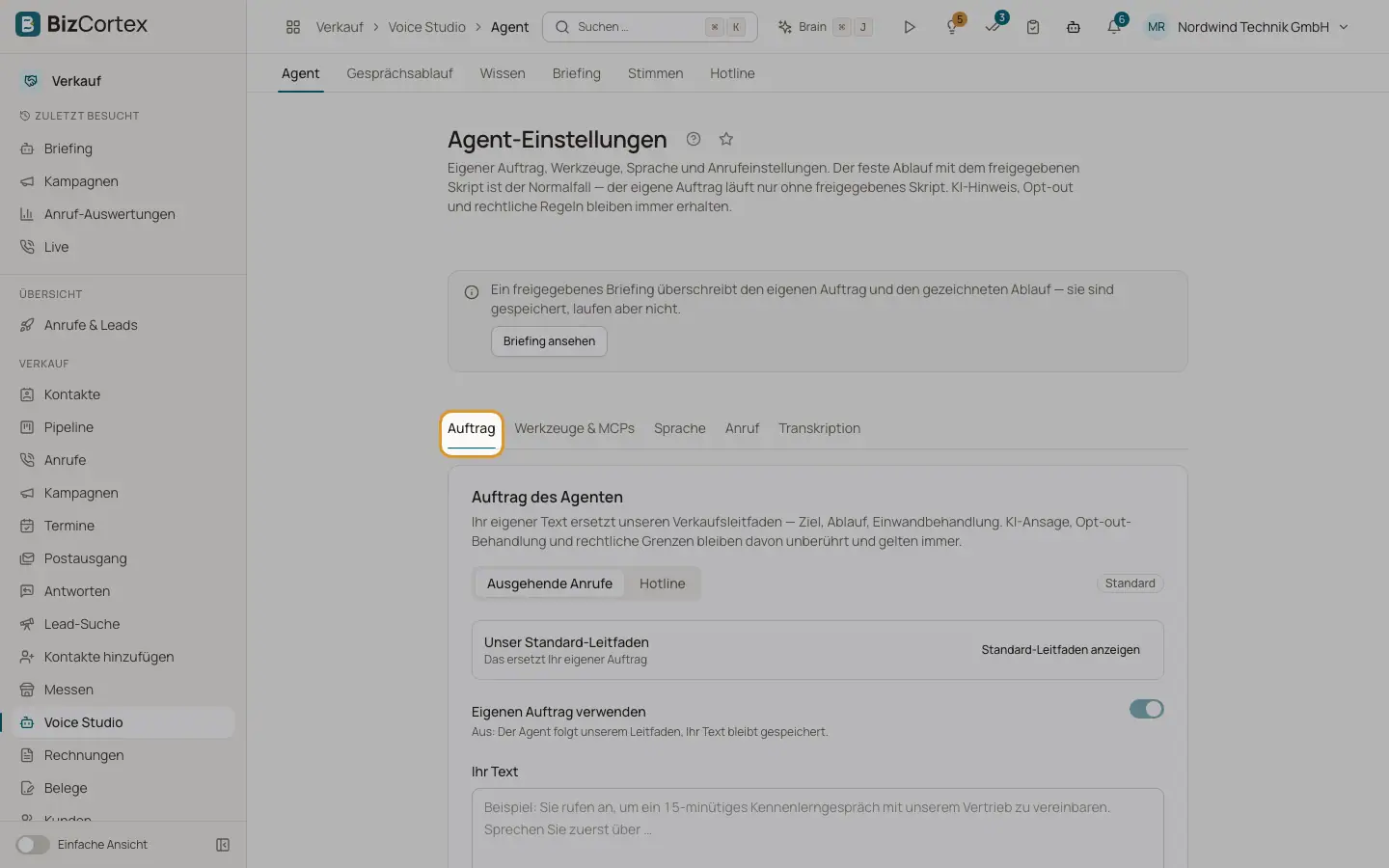 Voice Studio: Einstellungen des Agenten