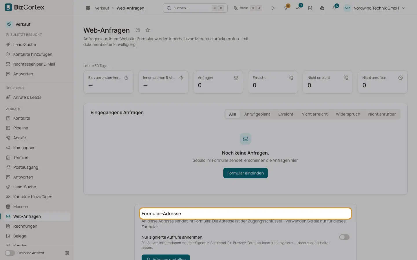 Webanfragen (Aufnahme aus dem Webformular)