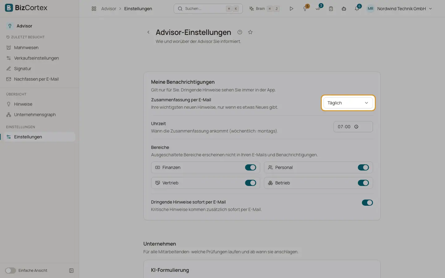 Briefings, Zusammenfassungen und EMails des Assistenten