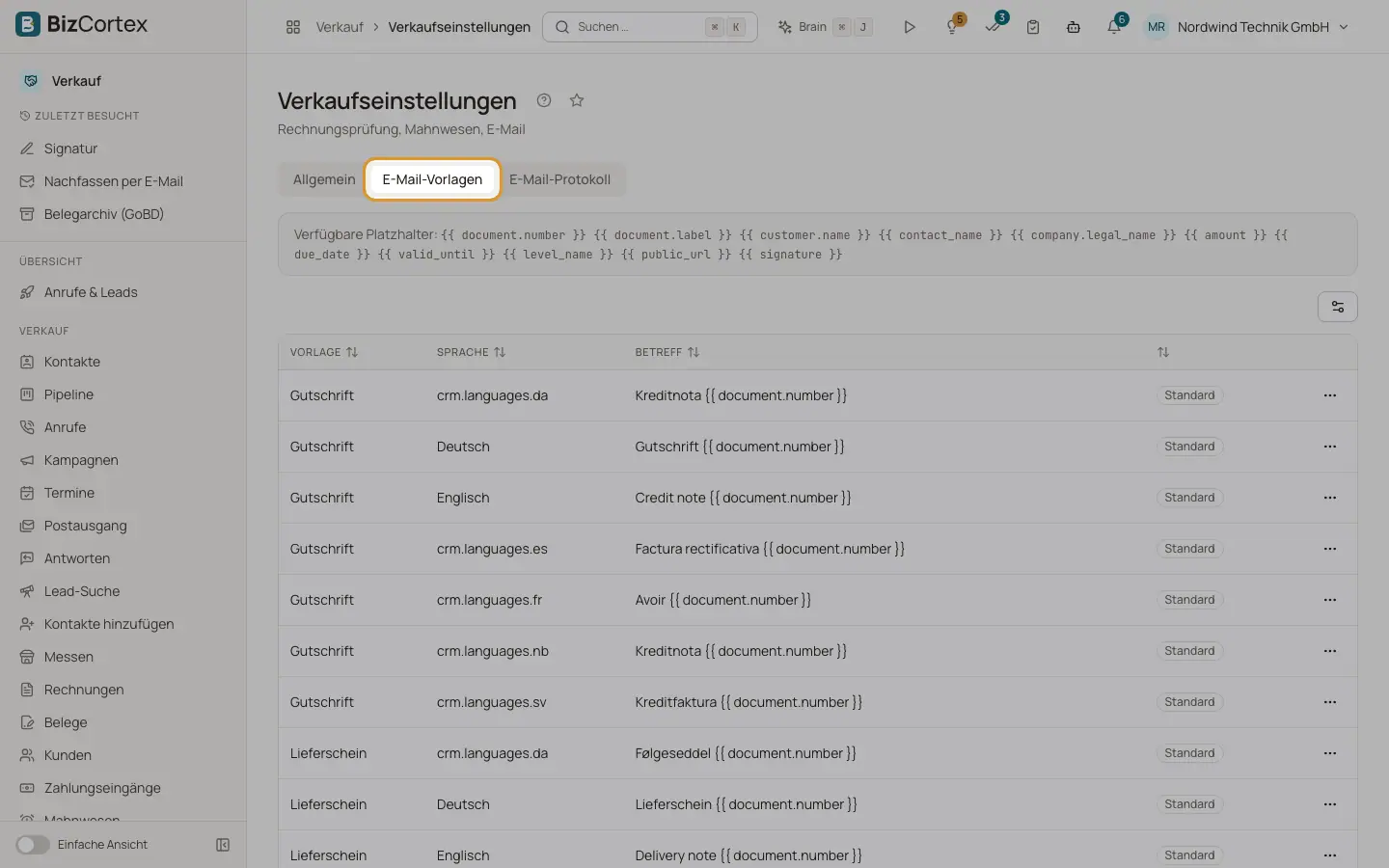 EMail Vorlagen für Verkaufsbelege