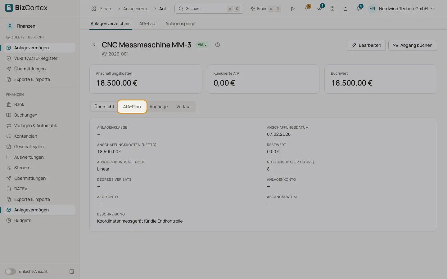 Detailseite einer Anlage