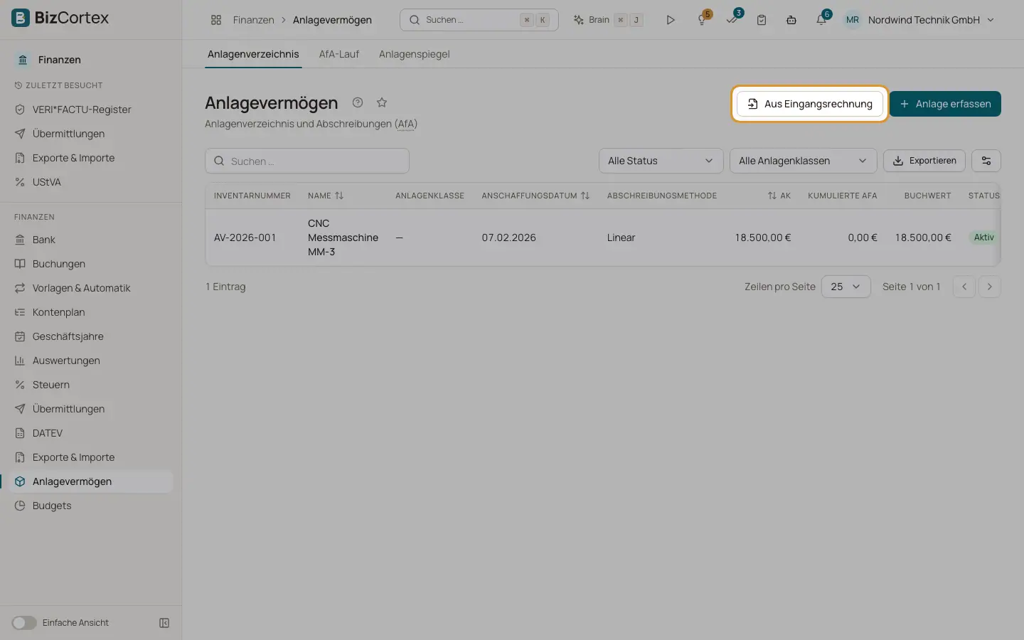 Anlage aus einer Eingangsrechnung aktivieren