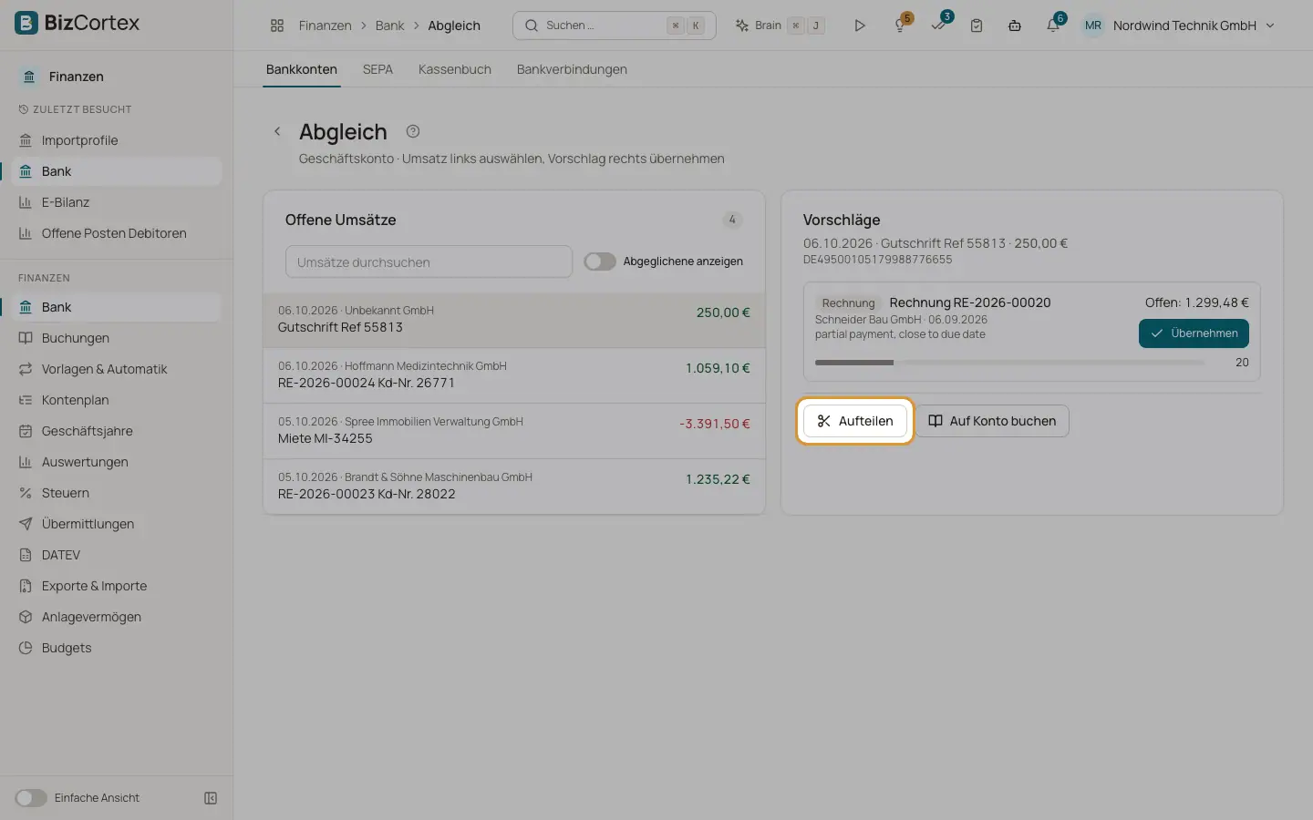 Bankumsatz aufteilen und auf ein Konto buchen