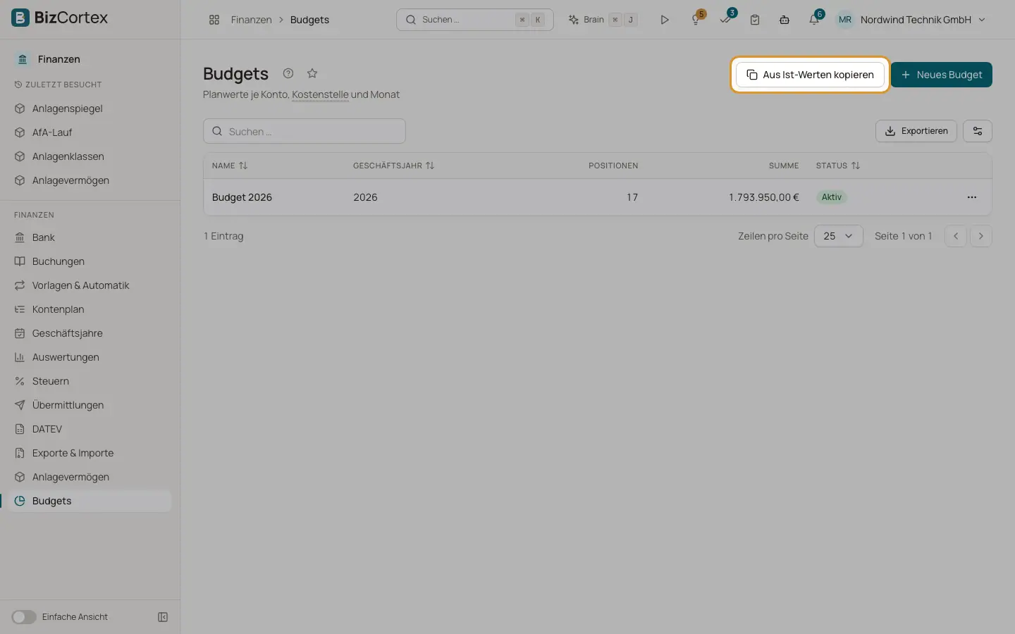 Budget aus Istwerten kopieren
