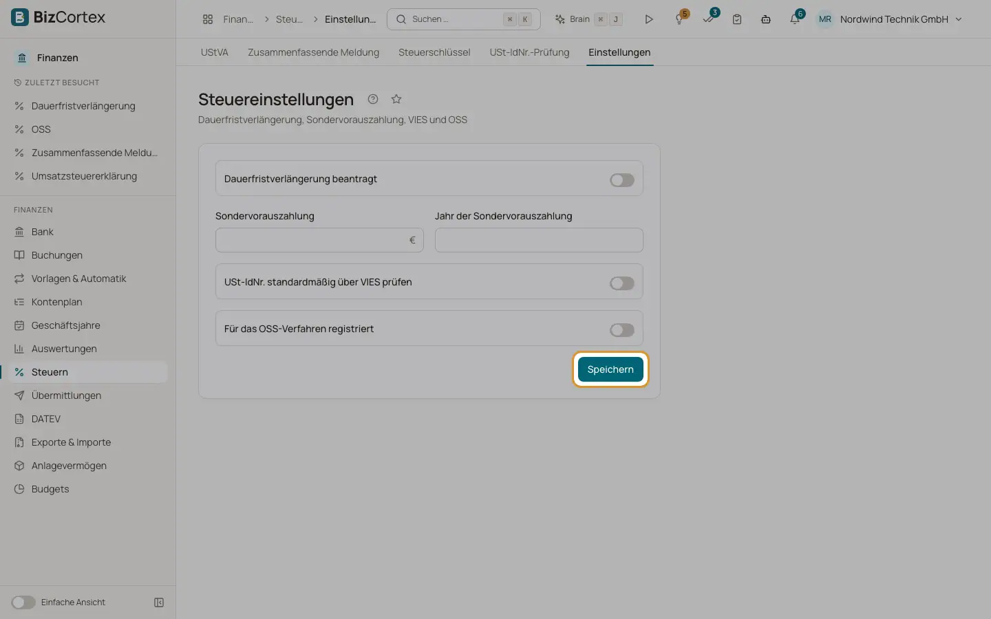 Steuereinstellungen