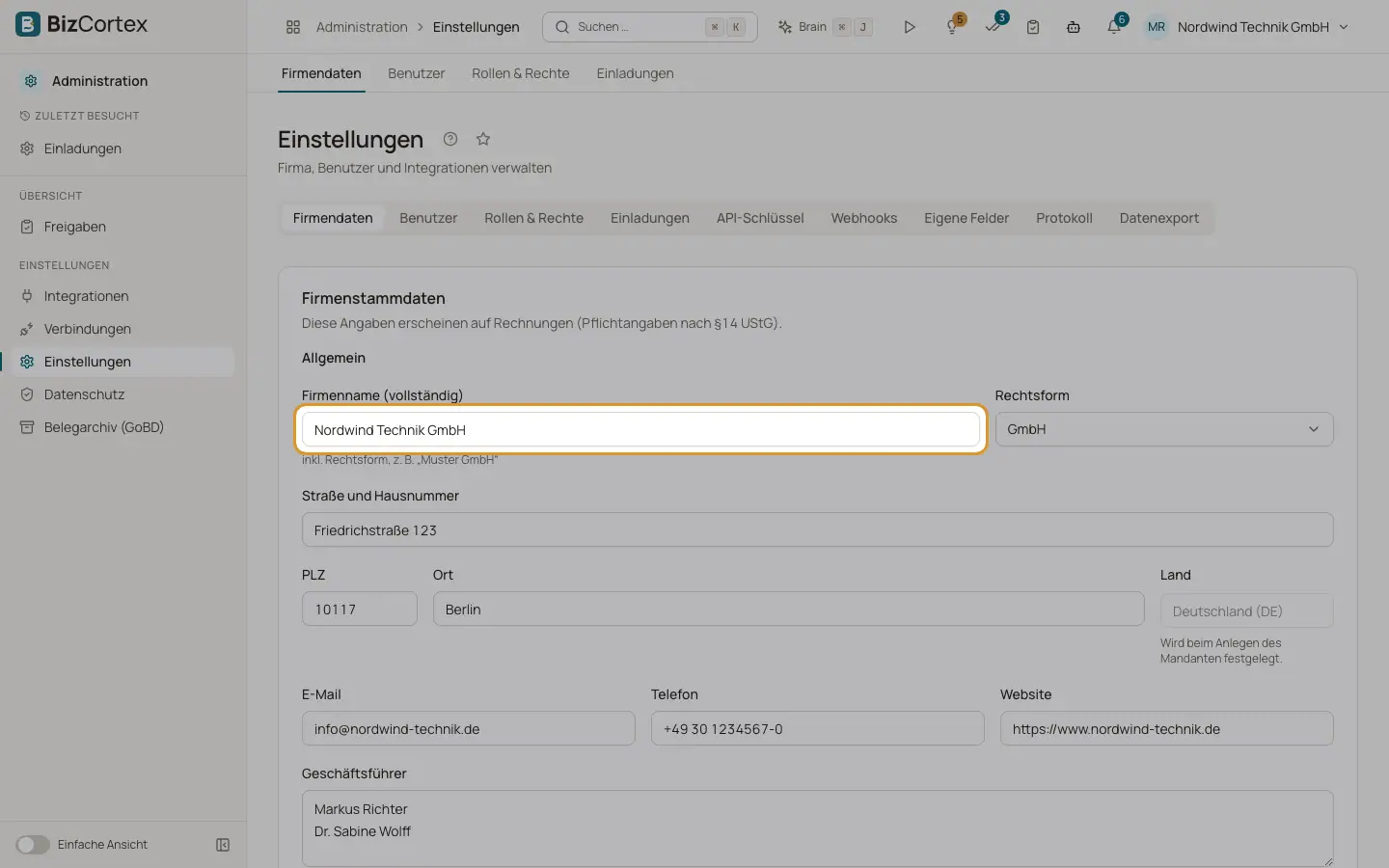 Firmendaten eintragen