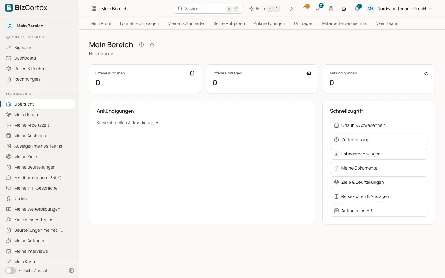 Mein Bereich: Übersicht