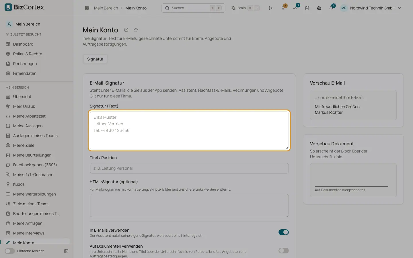 EMail Signatur und Position
