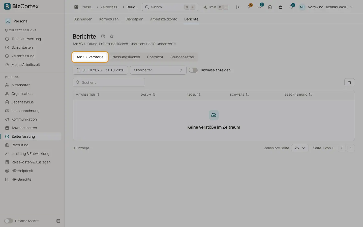 Berichte und Einstellungen der Zeiterfassung