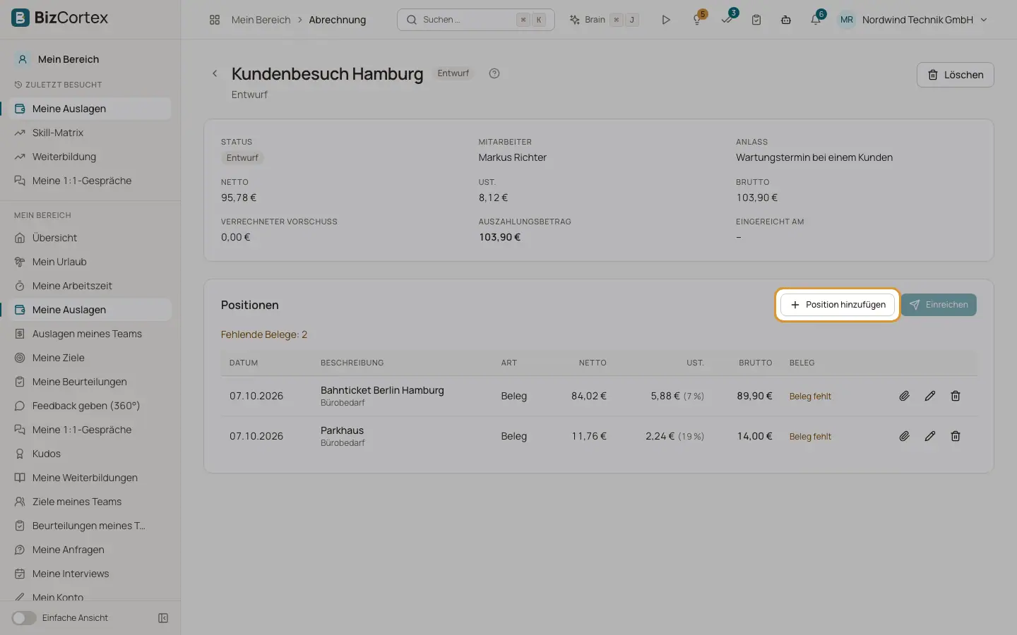 Positionen einer Abrechnung: Belege, Kilometerpauschale und Verpflegungsmehraufwand
