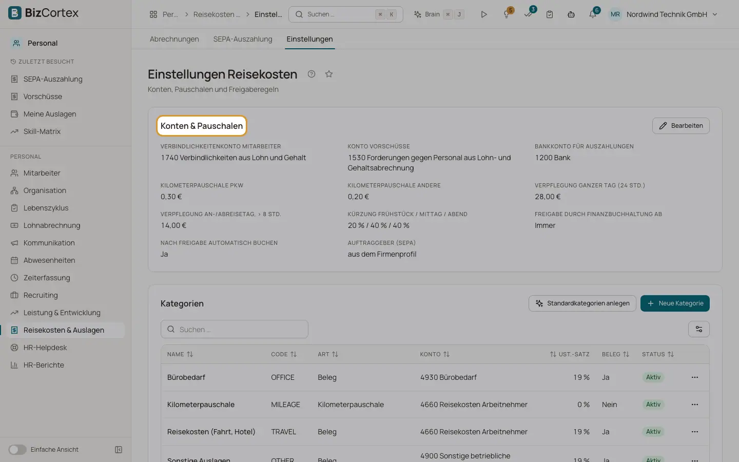 Einstellungen und Kategorien der Auslagen