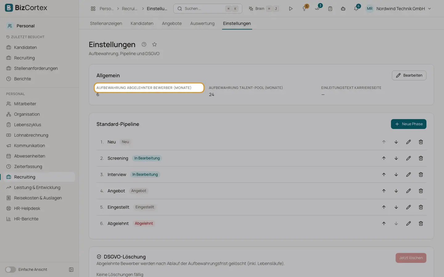 Einstellungen und Berichte im Recruiting