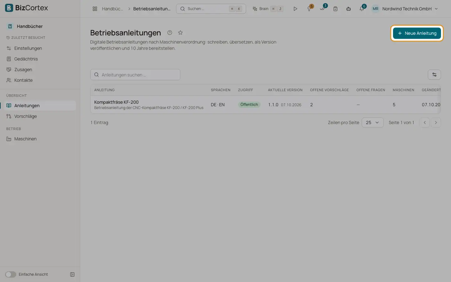 Liste der Anleitungen und neue Anleitung anlegen
