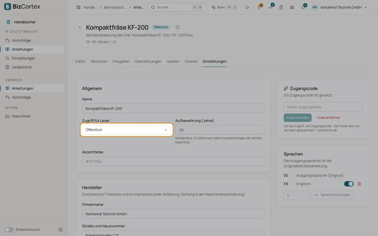 Lesezugriff: öffentlich, nur Kunden oder mit Zugangscode