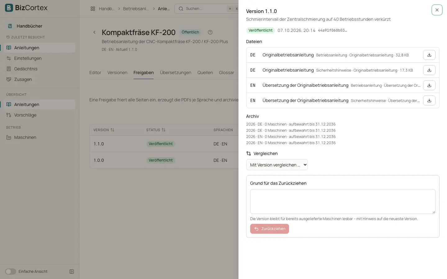 Details einer Freigabe: PDFs, Archiv, Vergleich und Zurückziehen