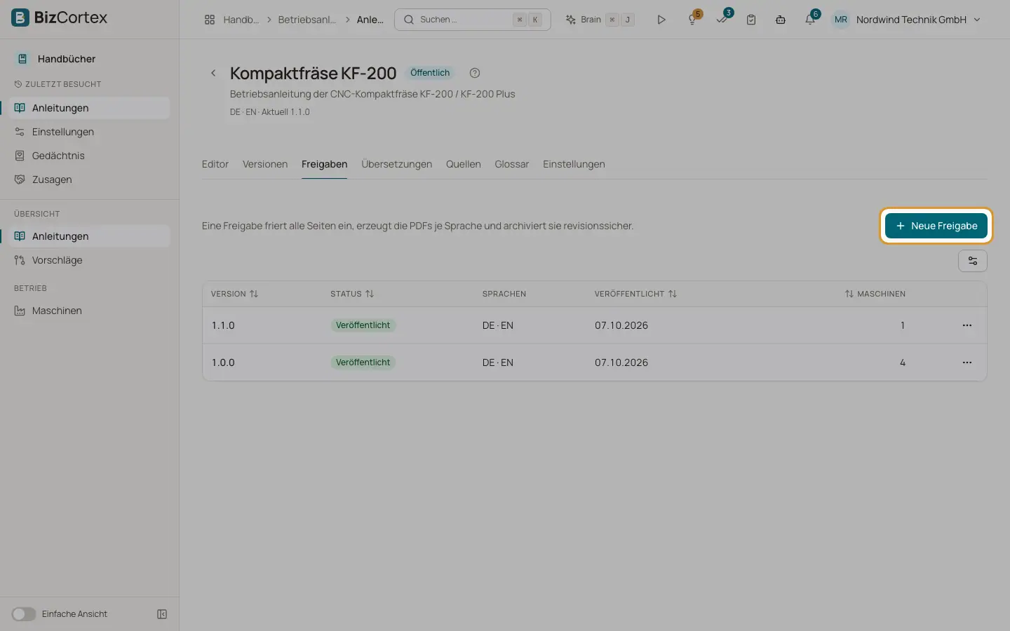 Reiter Freigaben: eine Version veröffentlichen