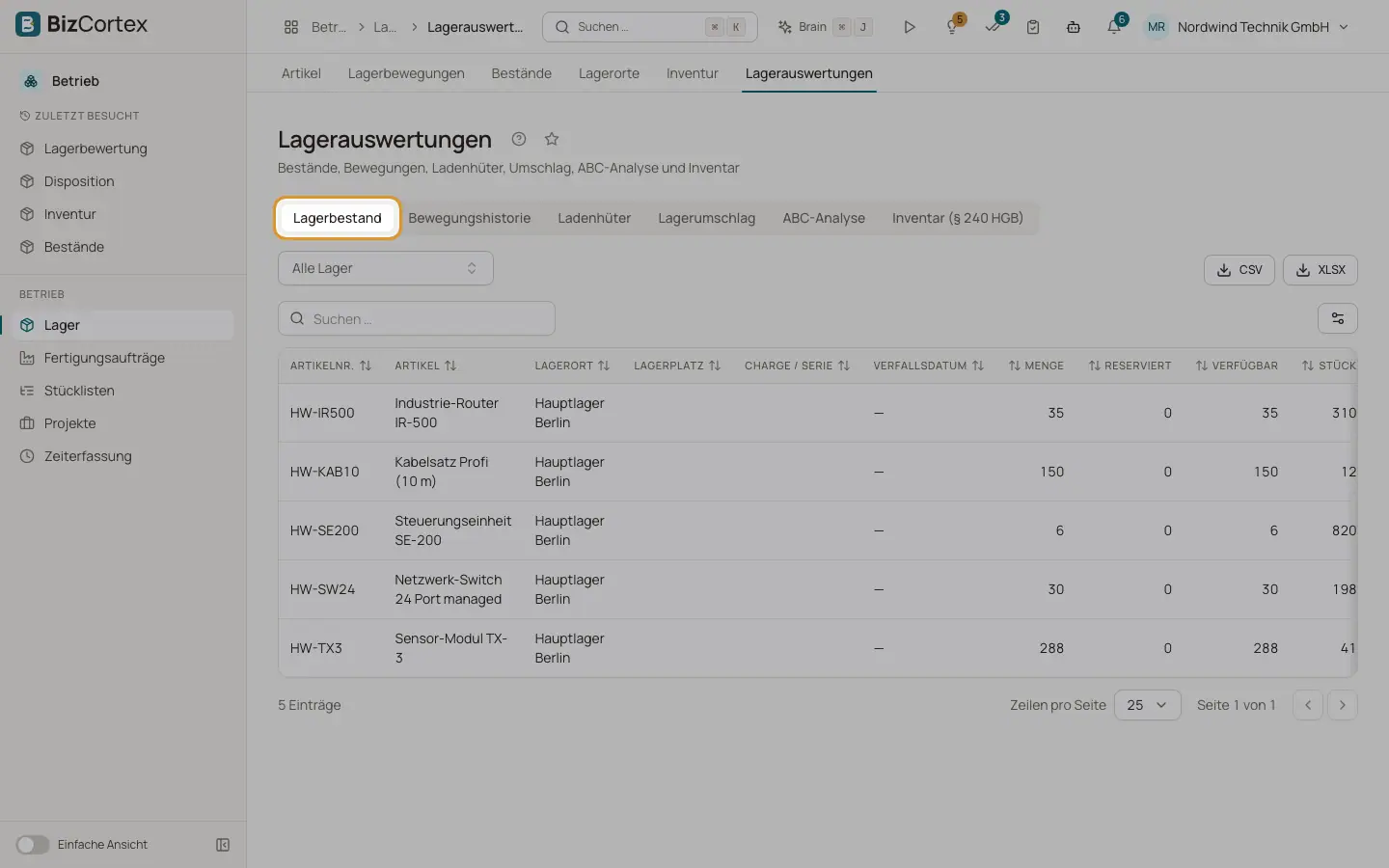 Lagerauswertungen