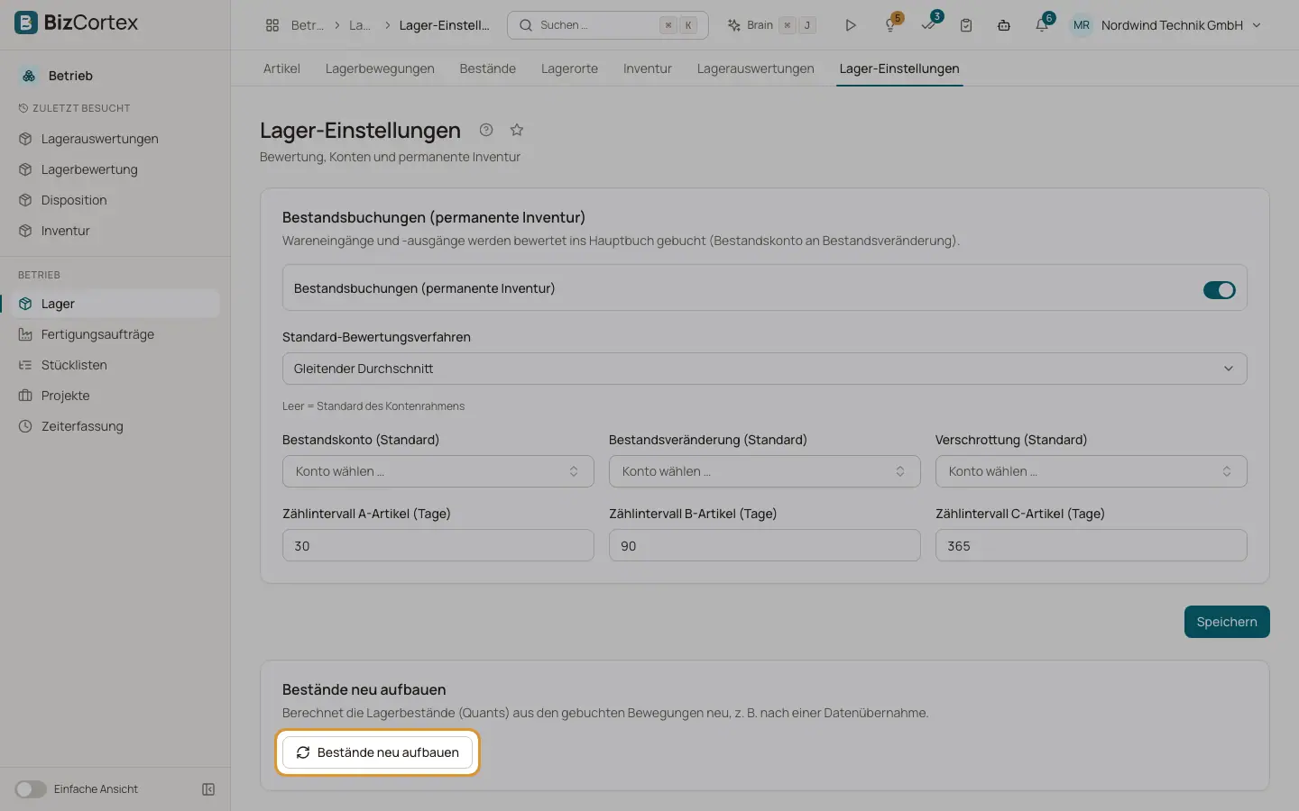 Lagereinstellungen