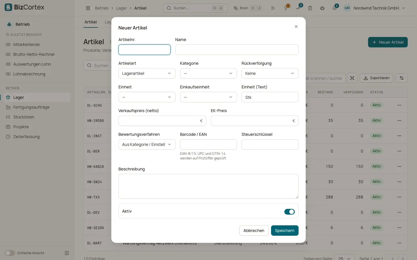 Artikelformular und Artikelarten