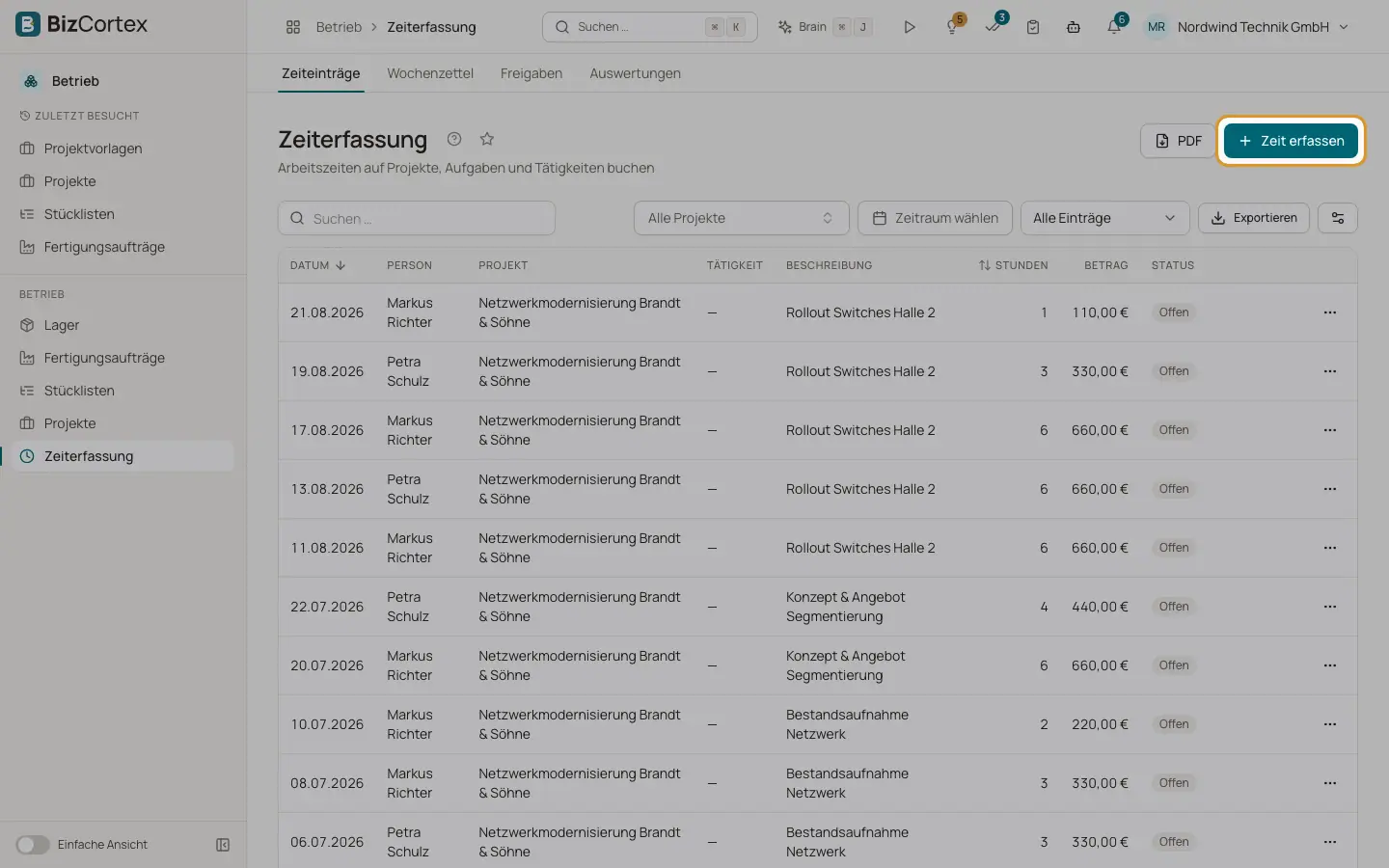 Zeiteinträge und die Stoppuhr