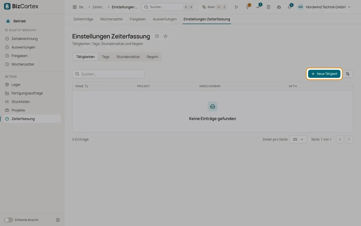 Einstellungen der Zeiterfassung