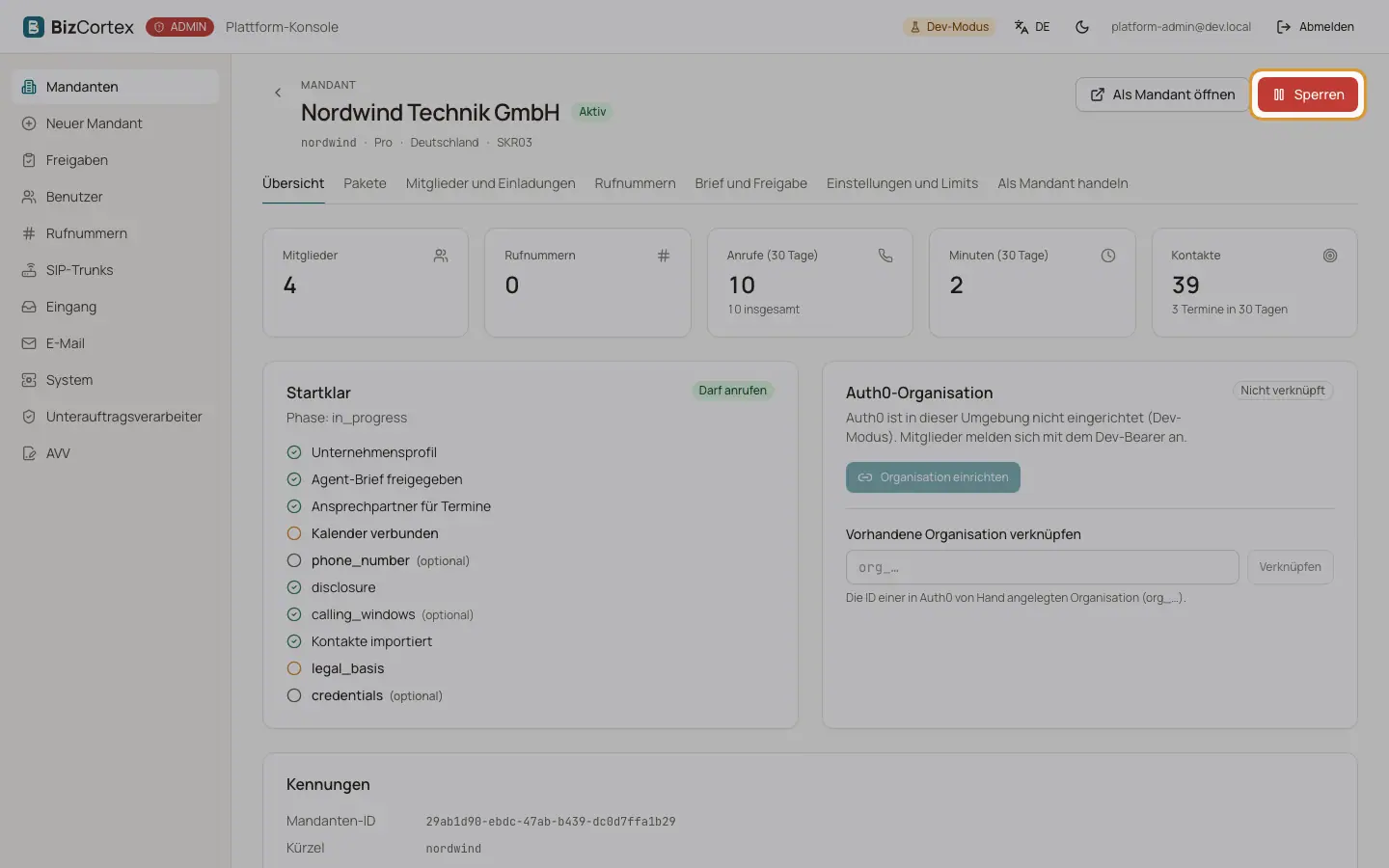 Einen Mandanten sperren und deaktivieren