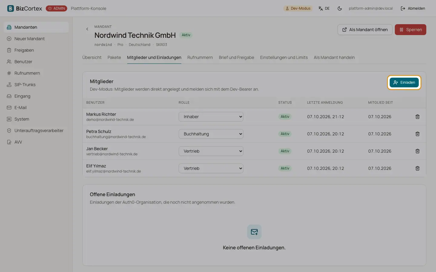 Mitglieder und Einladungen eines Mandanten