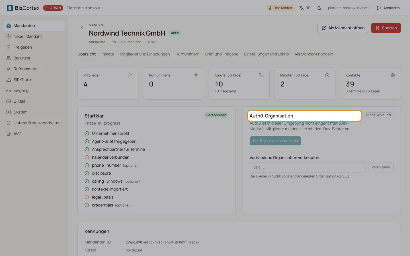 Übersicht des Mandanten und Auth0 Organisation