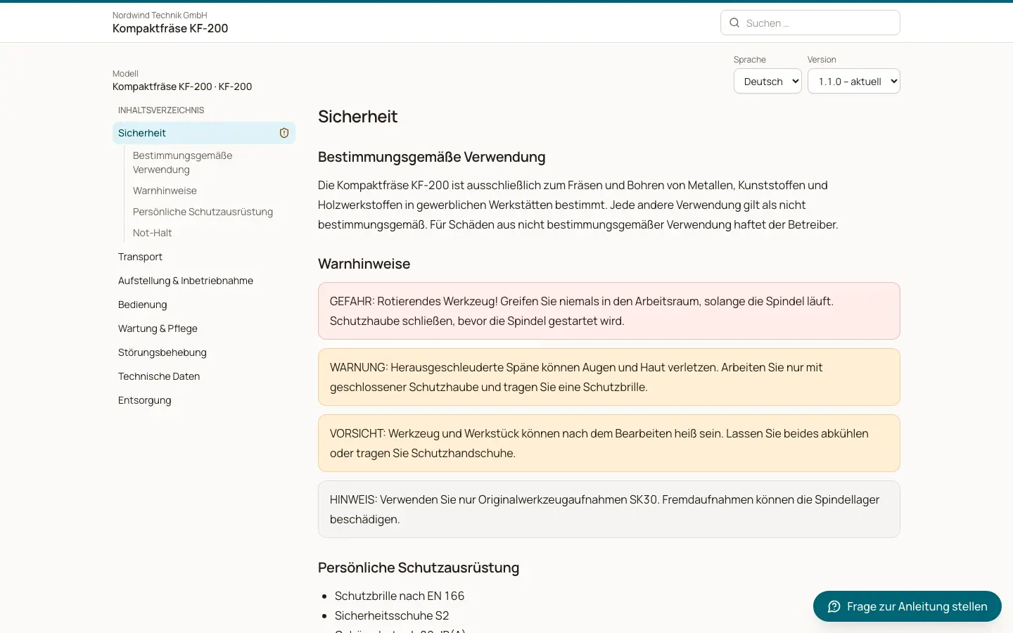 Leseansicht der Betriebsanleitung