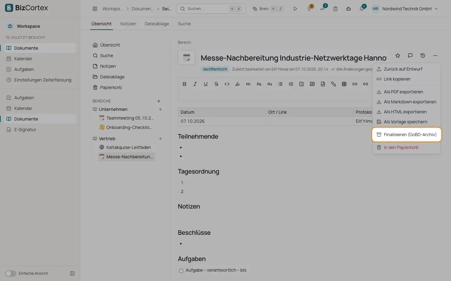 Dokumente: ins GoBD Archiv finalisieren