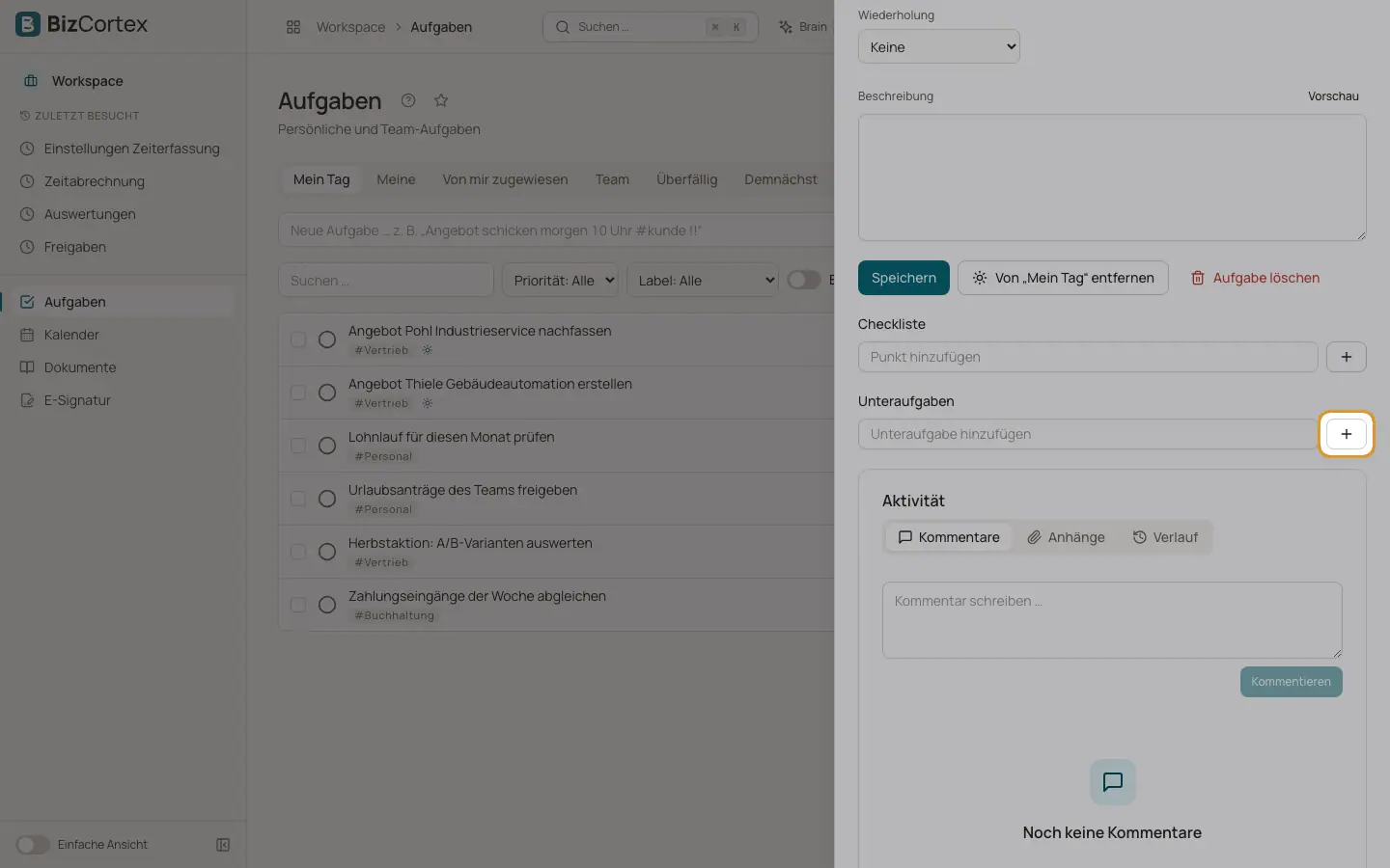Aufgaben: der Detailbereich