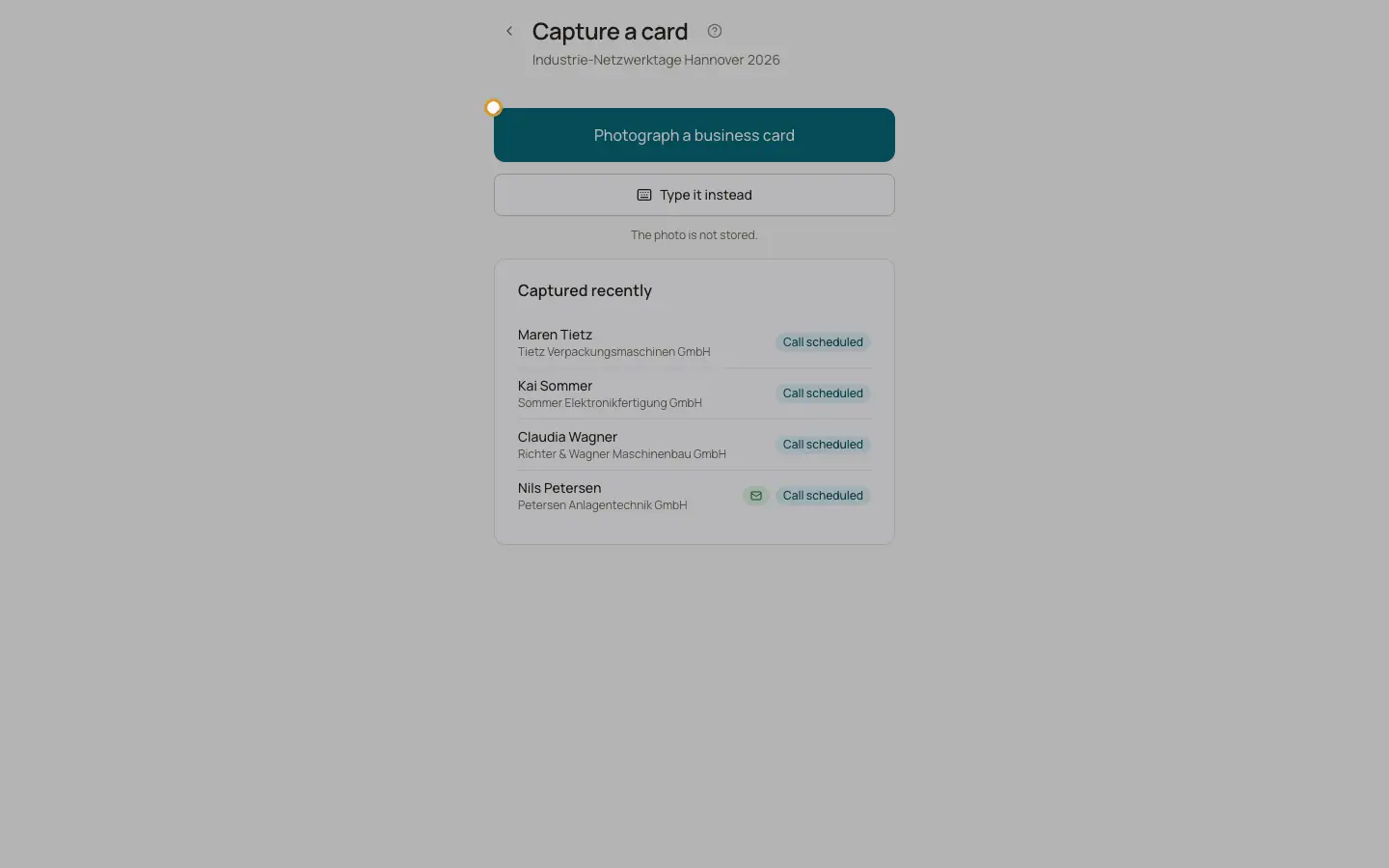 Registrering af visitkort på standen