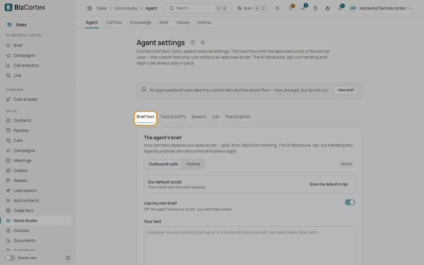 Voice studio: agent settings