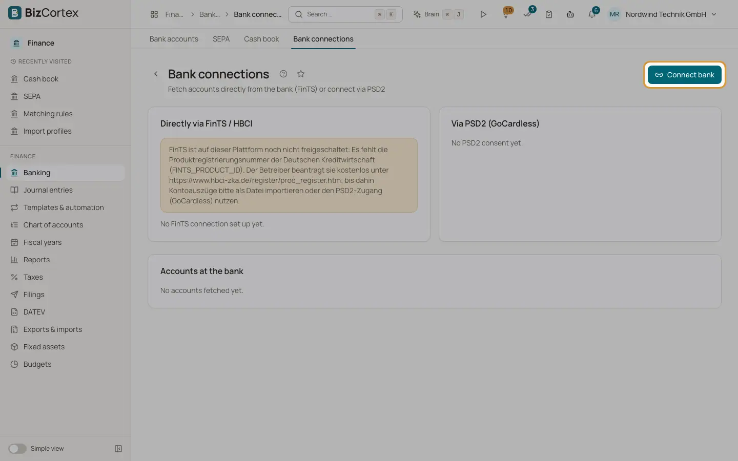 Resumen de las conexiones bancarias