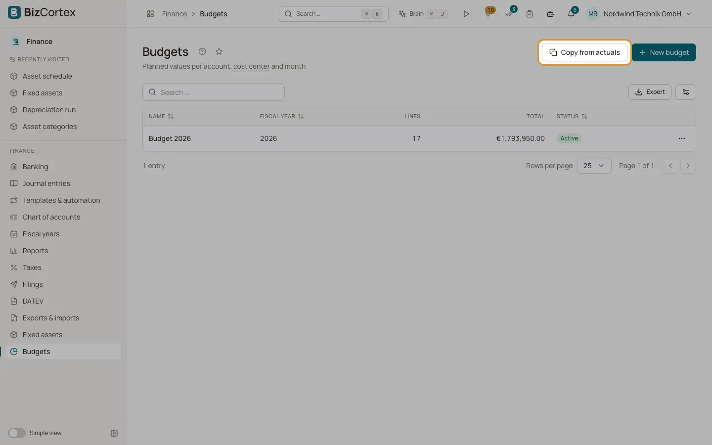 Kopiér et budget fra faktiske tal