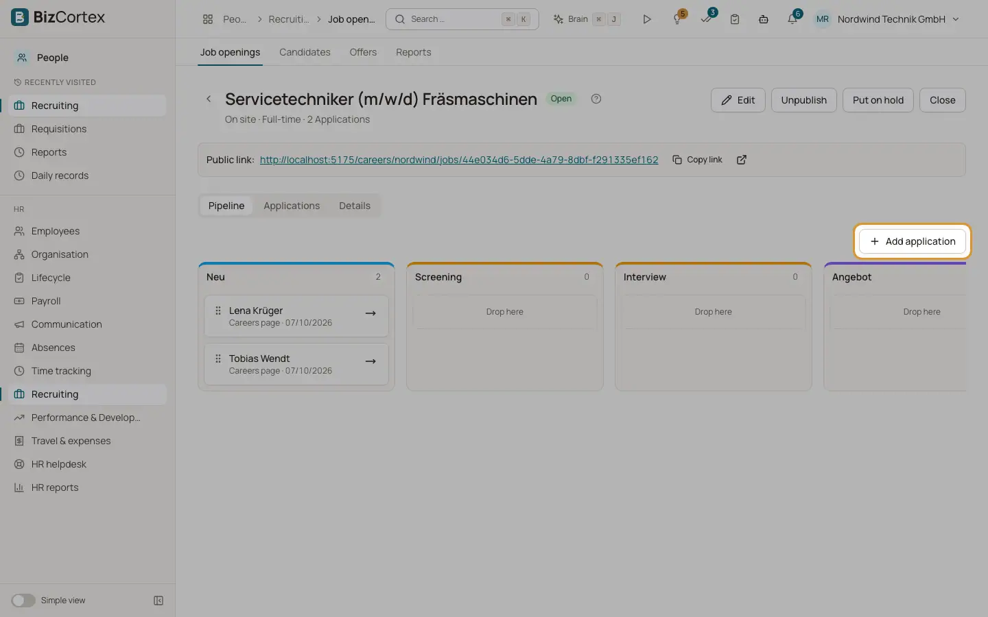 Pipeline, candidatures et entretiens