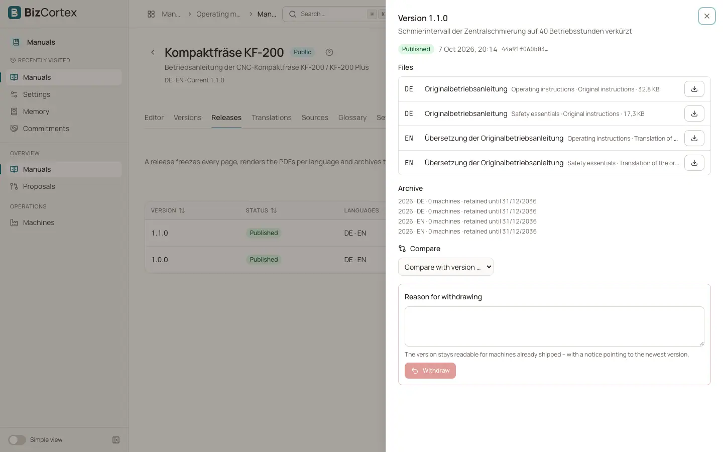 Udgivelsens detaljer: PDF'er, arkiv, sammenligning og tilbagetrækning