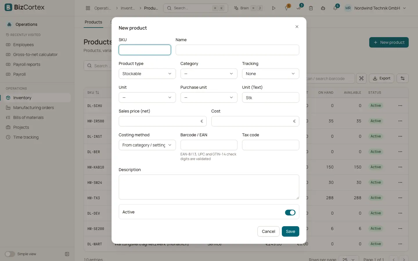 Formulario de producto y tipos de producto
